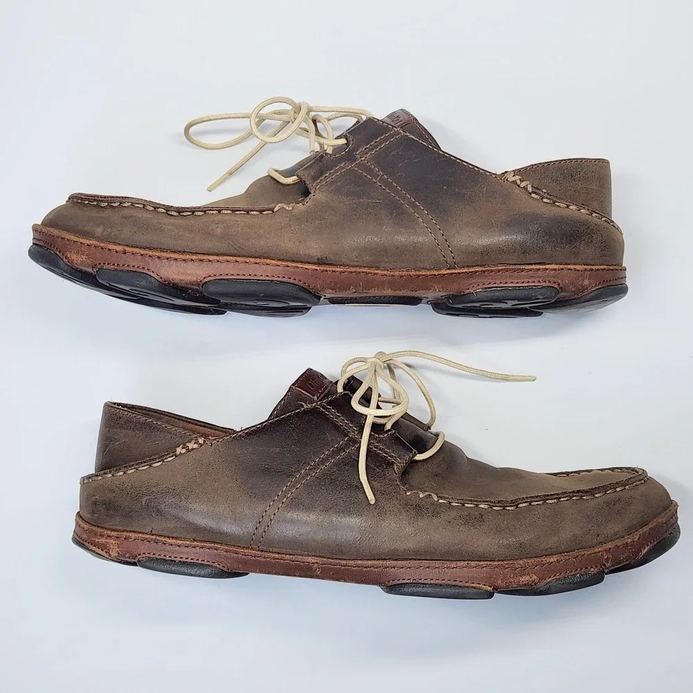 OluKai Ohana Lace Up Nubuck Shoes Mens Size 11.5 Brown Leather Moccasins Comfort